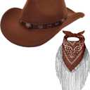 Cowboy Hat with Fringed Bandana Set for Women Wide Brim Western Cowgirl Hat Paisley Head Wrap Scarf