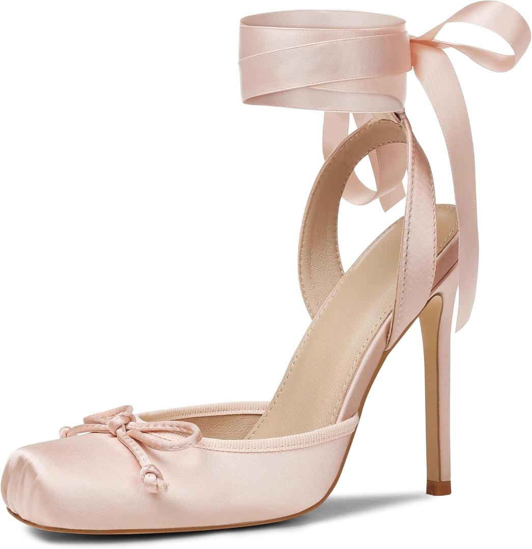Celbreez Ballet Heels Satin Stiletto Heels for Women Close Square Toe Slingback Bow Lace Up High Nude Heel Women's Pumps Strappy Mary Jane Ballerina Heel Party Wedding Cute Shoes (9)