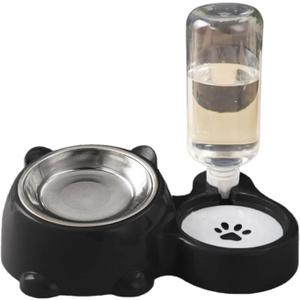 Pet Feeding Station Leak Proof Water Bottle Systems Detachable Dish Anti Slip Base Compact Design Anti Slip Pet Food and Water Bowl Set (Black)