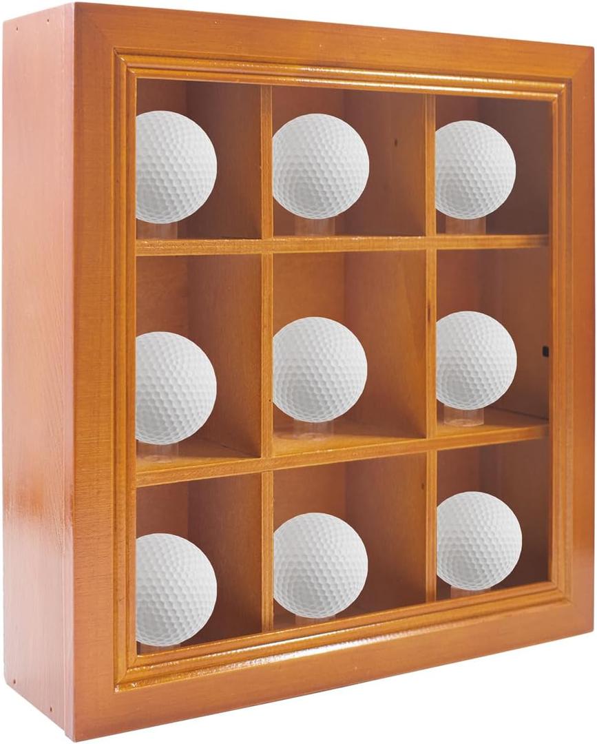 Wooden Golf Ball Display Case with Ring Bases, Tabletop & Wall Mounted Golf Ball Storage Box, 9 Holes Golfball Case with Clear Acrylic Door for Collections Memorabilia Signed Golfball