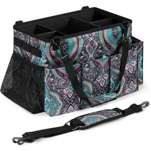 Large Wearable Cleaning Caddy Bag, Cleaning Caddy Organizer with Handle | Shoulder & Waist Strap, Cleaning Supplies Organizer Tote with Foldable Dividers for Cleaner Housekeeper (Flower-pattern)