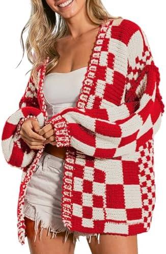 SELINK Women's Cardigan Sweater Vintage Open Front Mixed Checkered Pattern Chunky Knit Plaid Long Sleeve Daily Outwear L