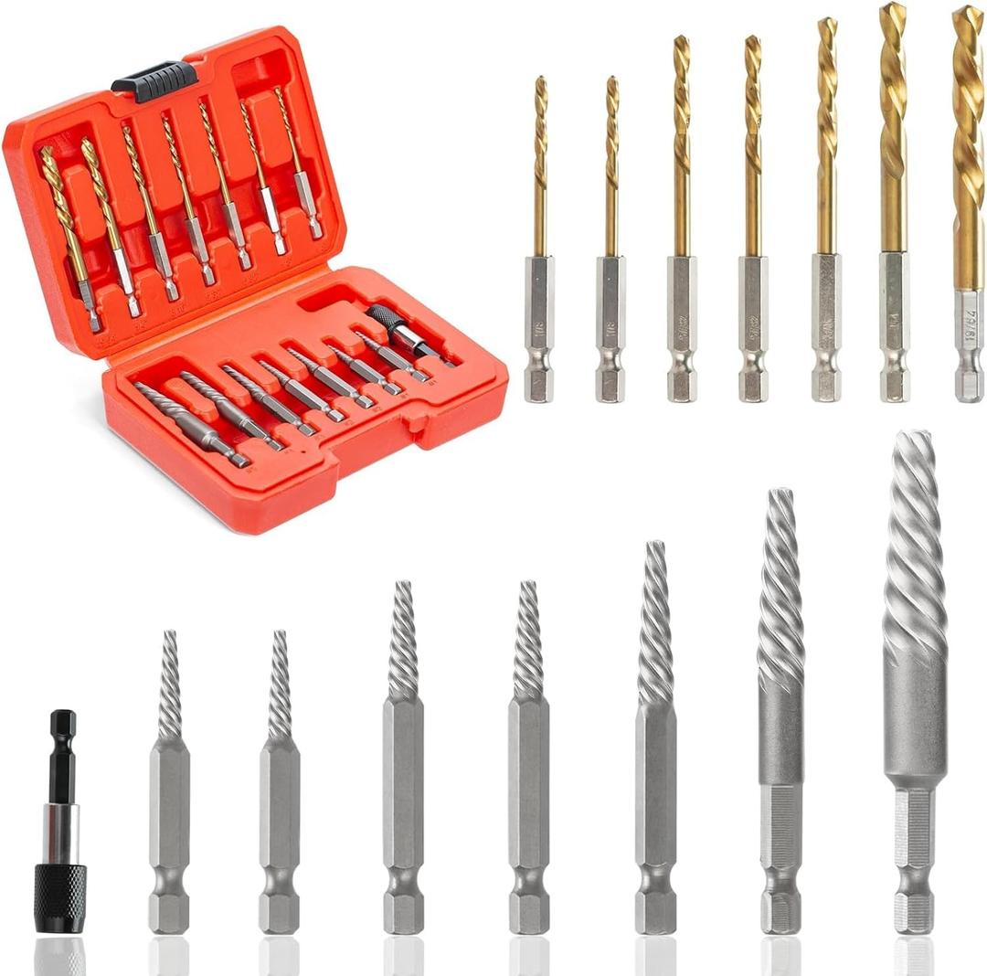 15-Pieces Screw Extractor Set, 37# CR-MO & 6542 HSS Steel Cobalt Left Hand Reverse Drill Bit with 1/4'' Adaptor, Ez Out Stripped Tiny Bolt Remover Kit, Easy Out Broken Screw Head Speed Out Tool