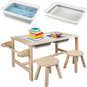 Kids Sensory Bins Table with 2 Stool, Multifunctional Children Interactive Activity Wooden Table Set for 1-3 Years, Drawing Table Play Sand & Water with Storage Bins Lid