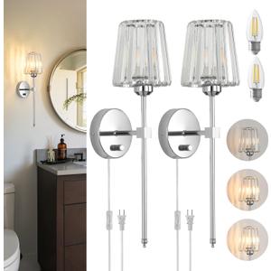 Crystal Wall Sconces Set of 2, Dimmable Wall Sconce with Plug in Cord and Dimmer Chrome Plug in Wall Lamp Wall Mounted Light with Crystal Shade for Living Room Bedroom Vanity Light, Bulbs Included