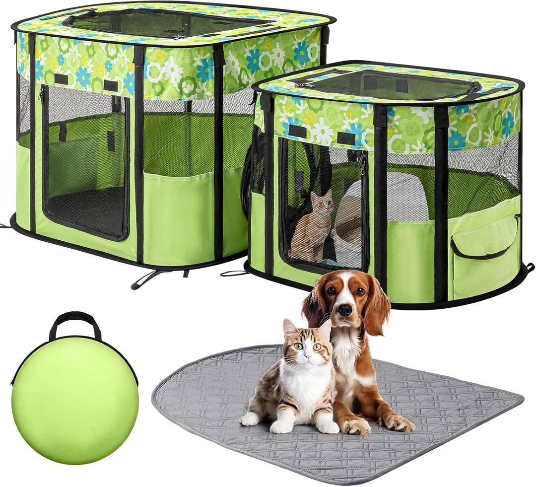 Portable Cat Playpen with Separate Areas, Foldable Indoor Outdoor Cat Enclosure, Portable Pet Tent for Kittens and Small Animals, Collapsible Tent Kennel Cage House with Tent Pegs and Carry Bag