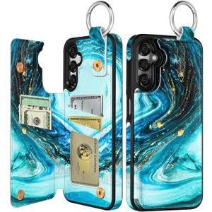 Shorogyt for Samsung Galaxy A15 5G Wallet Case with Card Holder - Designer Marble Pattern Kickstand Magnetic Clasp Back Flip Folio Leather Phone Cases for Galaxy A15 5G for Women Men Girls Cyan