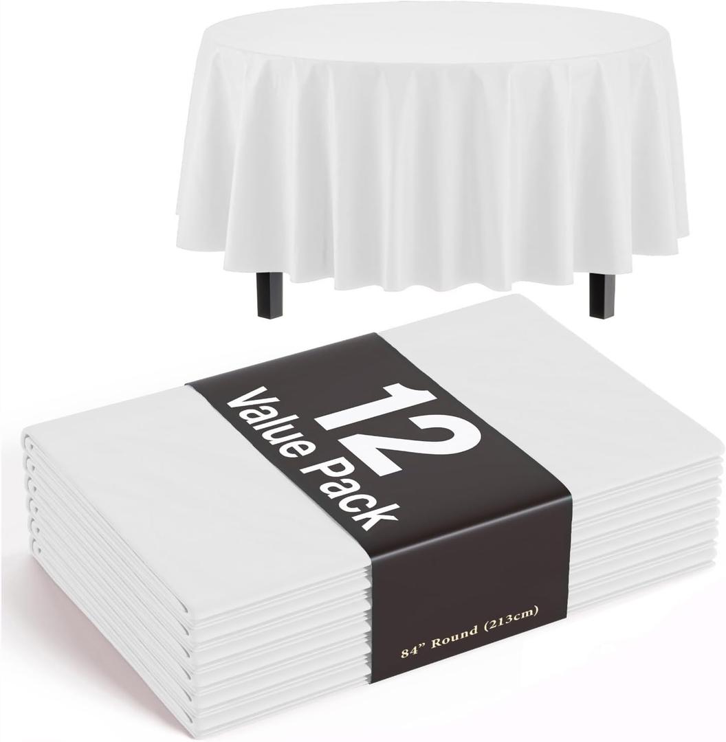 Exquisite 12-Pack Plastic Tablecloth 84 inch Round Value Pack Plastic Table Cover - White