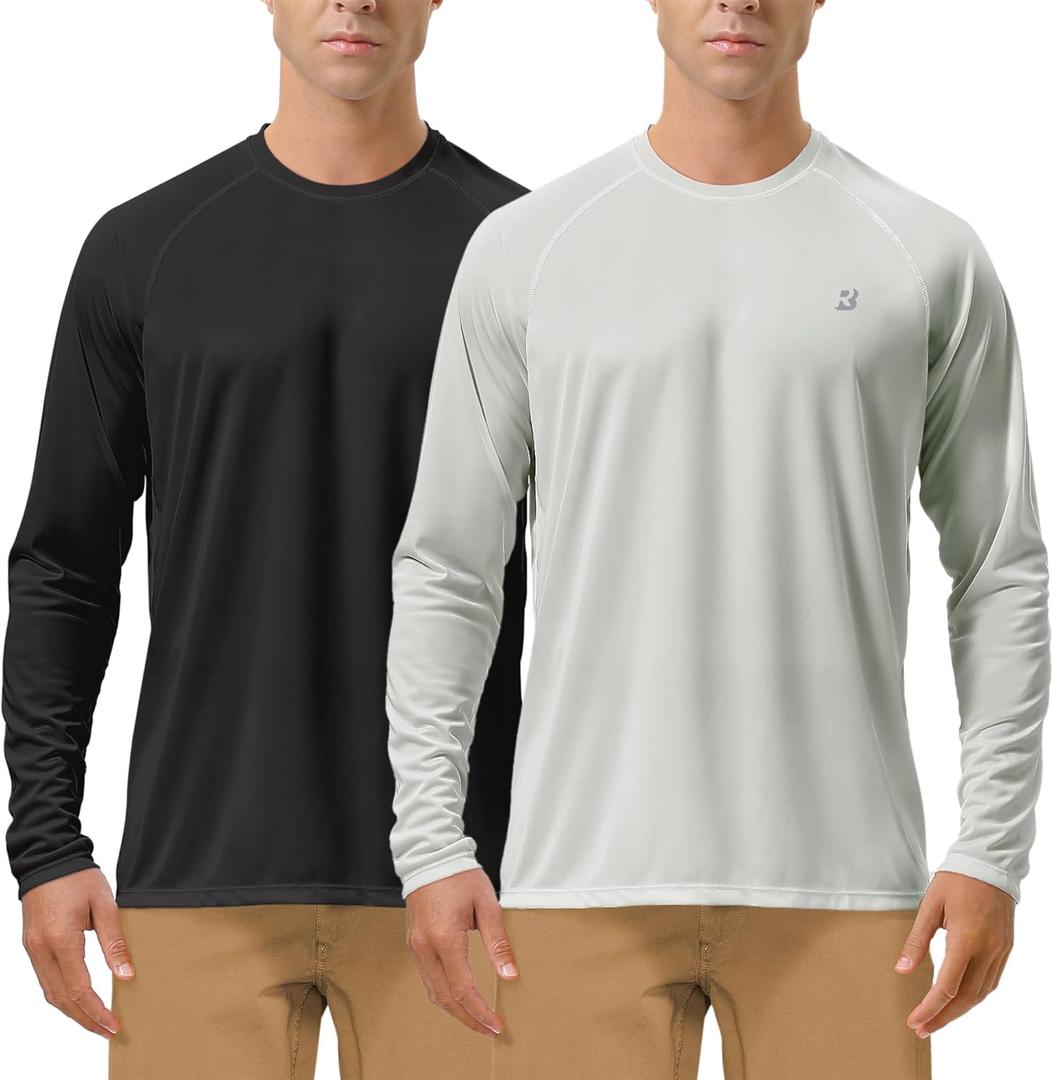Roadbox Mens UPF 50+ UV Sun Protection Shirts Outdoor Long Sleeve SPF Rash Guard for Fishing Hiking Swimming Running (2 Pack - Black, Gray)