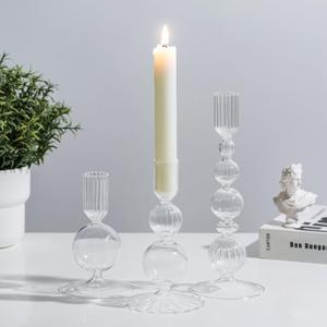 Glasseam Glass Candle Stick Holder: Clear Taper Candle Holders Set of 3 Modern Candlestick Holders for Taper Candles Decorative Candle Holders for Table Centerpiece Wedding Party Christmas Decorations