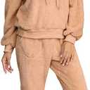 SIAEAMRG Women's Fuzzy Sherpa Fleece Pajamas Set, Long Sleeve Hoodies Pajama Pants 2 Piece Outfits Loungewear Sleepwear (Large, Camel)