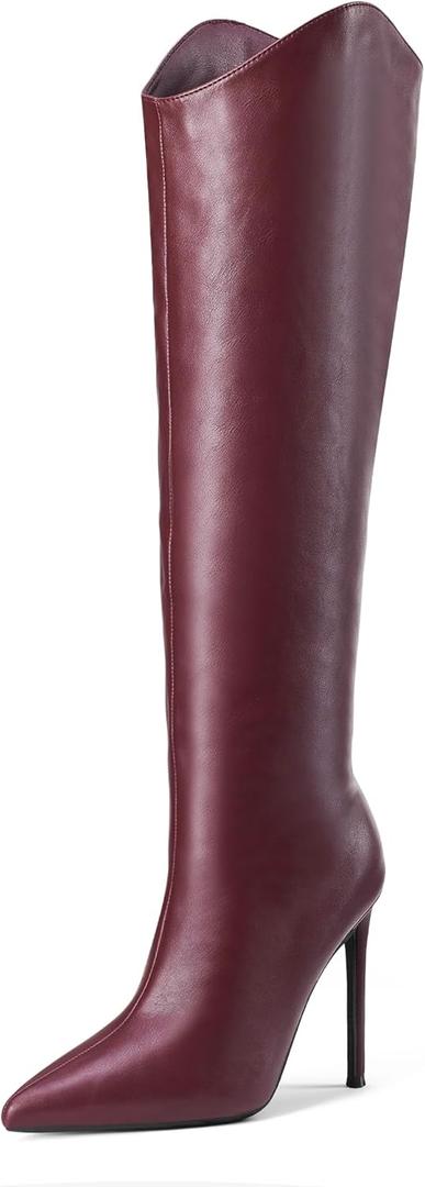 Elisabet Tang Women's Knee High Boots Pointed Toe Tall Boots 4 In Stiletto Heel Stylish Wide Calf Slip on High Heel Booties for Women Winter Long Boot Shoes (11, Wine Red)