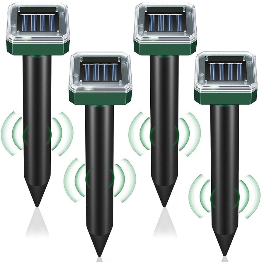 4 Pack Mole Repellent for Lawns Solar Powered Groundhog Spikes, Ultrasonic Mole Stakes for Yard, Waterproof Gopher Repellent to Get Rid of Chipmunk, Vole and Snake for Garden