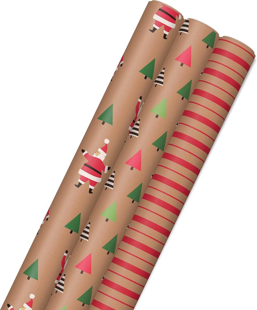 Hallmark Christmas Wrapping Paper Rolls, Brown Kraft Holiday Gift Wrap (Pack of 3: 90 sq. ft. ttl) Kraft with Santas, Trees, Stripes, 3 Count