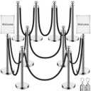 Blulu 8 Sets Stainless Steel Stanchion Set 8 Crowd Control Poles 7 Velvet Ropes and 2 A4 Sign Holders Carpet Ropes and Hollow Base Poles Easy Assembly Safety Barrier for Event Party(Silver)