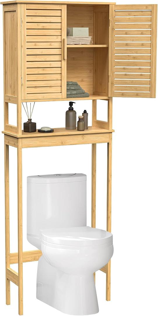 SONGMICS Over The Toilet Storage Cabinet, Bathroom Cabinet with Adjustable Inside Shelf and Bottom Stabilizer Bar, Space-Saving Toilet Rack, Natural Beige UBTS010N01, 9.1"d X 23.6"w X 68.1"h