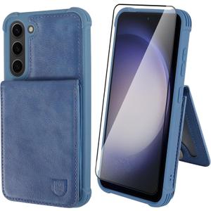 VANAVAGY Compatible for Galaxy S23 Wallet Case with Credit Card Holder, PU Leather Magnetic Clasp Kickstand Flip Phone Case Cover with Coin Pocket Screen Protector, Blue
