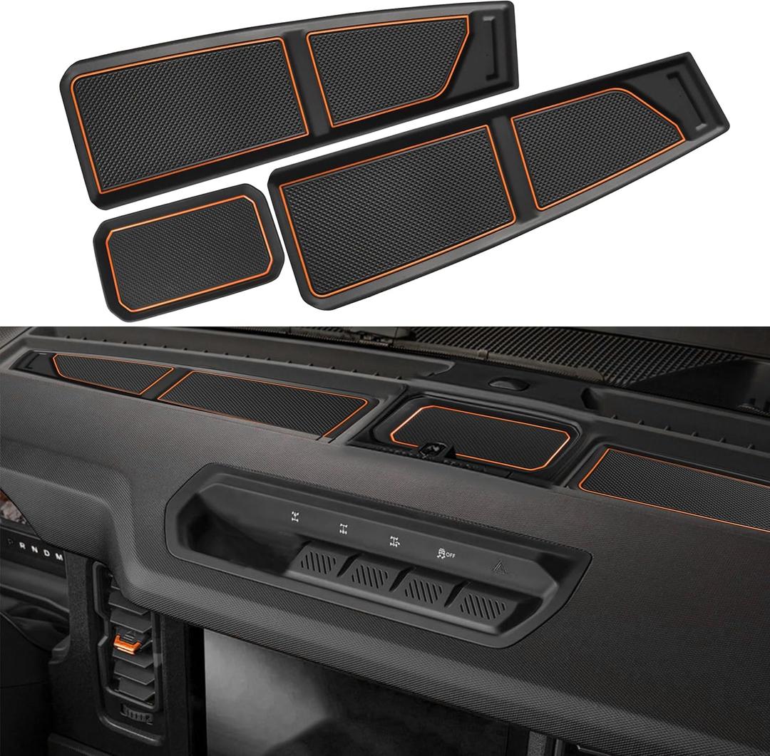 SENSHINE Silicone Dash Dashboard Cover Mat for Ford Bronco Accessories 2021 2022 2023 2024 2025 Anti Dust Dash Pad Tray Insert Liners Compartments Mat for Bronco 3Pcs Set Premium Custom (Orange Trim)