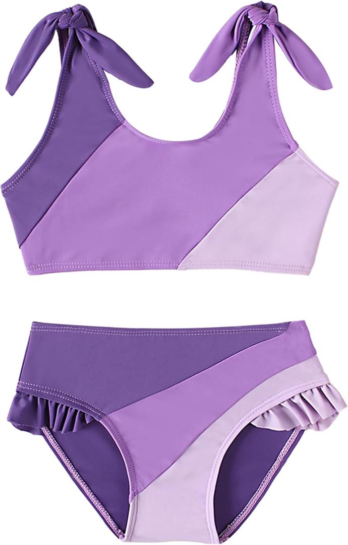 Toddler Girls Swimsuit Color Block Swimwear Kids Two Piece Bathing Suits Bowknot Beach Bikini Set L-purple, 13-14 Years