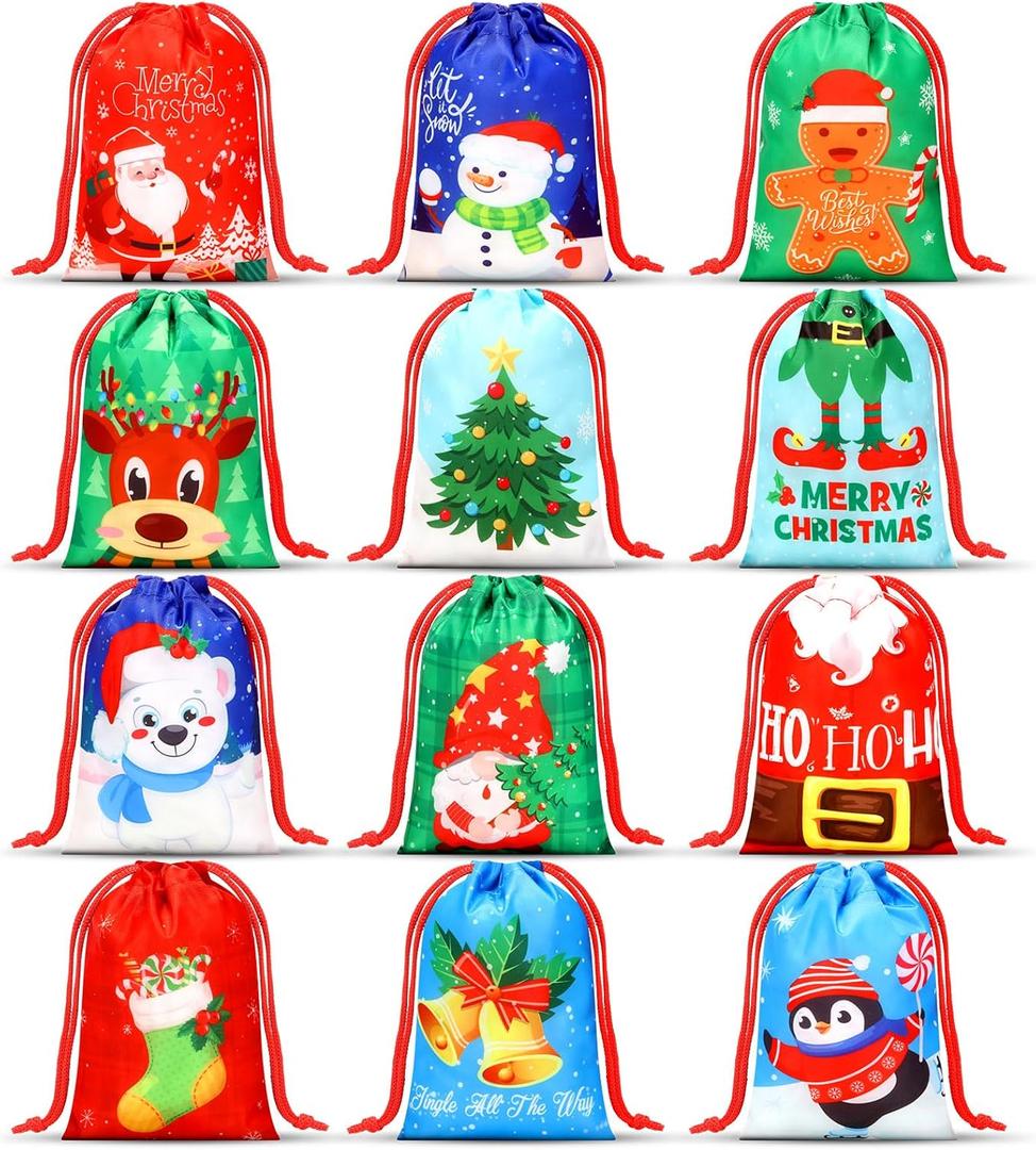 Xuniea 24 Pcs Small Christmas Drawstring Gift Bags Christmas Goodie Treat Bags Xmas Santa Claus Tree Winter Snowflakes Snowman Wrapping Gift Pouches for Xmas Holiday Birthday Party (5.1 x 7.1 Inch)