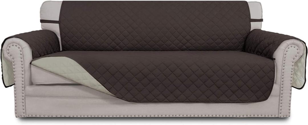 Easy-Going Reversible Couch Cover for 3 Cushion Couch Sofa Cover for Dogs Water Resistant Furniture Protector Cover with Foam Sticks Elastic Straps for Pet Cat (Sofa, Chocolate/Beige)