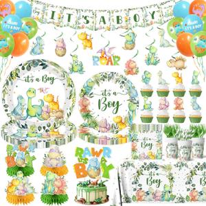 Dinosaur Baby Shower Decorations for Boy, It's a Boy Baby Shower Party Supplies Disposable Dino Plates Napkins Banner Tablecloth Cake Topper Balloon for Dinosaur Birthday Party Decorations, Serve 24