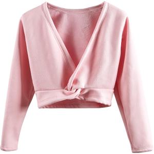 DANSHOW Girls Ballet Wrap Tops Kids Long Sleeve Dance Sweater,Velvet Inner (4-5T, Pink)