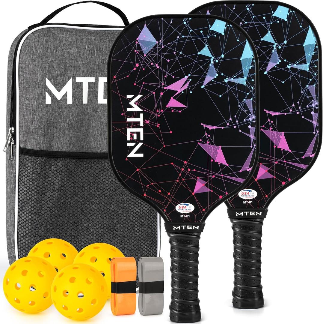 MTEN Pickleball Paddles Set of 2, USAPA Approved Fiberglass Surface Pickleball Set with 2 Pickleball Rackets, 4 Pickleball Balls, 1 Portable Carry Bag, Pickle Racket Set ​for Men Women