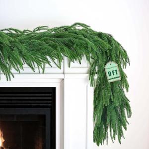 Extra Full 9FT Christmas Norfolk Pine Garland, Greenery Real Touch Decorations for Mantle Table Staircase Fireplace Mantel Porch Holiday Home Winter Faux Xmas Indoor Outdoor Decor
