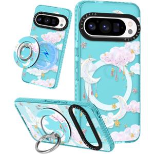 Cute for Google Pixel 9 Pro XL Case - Compatible with Magsafe Magnetic Ring Holder Stand Kickstand for Women Girls Girly Funny Fashion TPU Phone Case, Moon