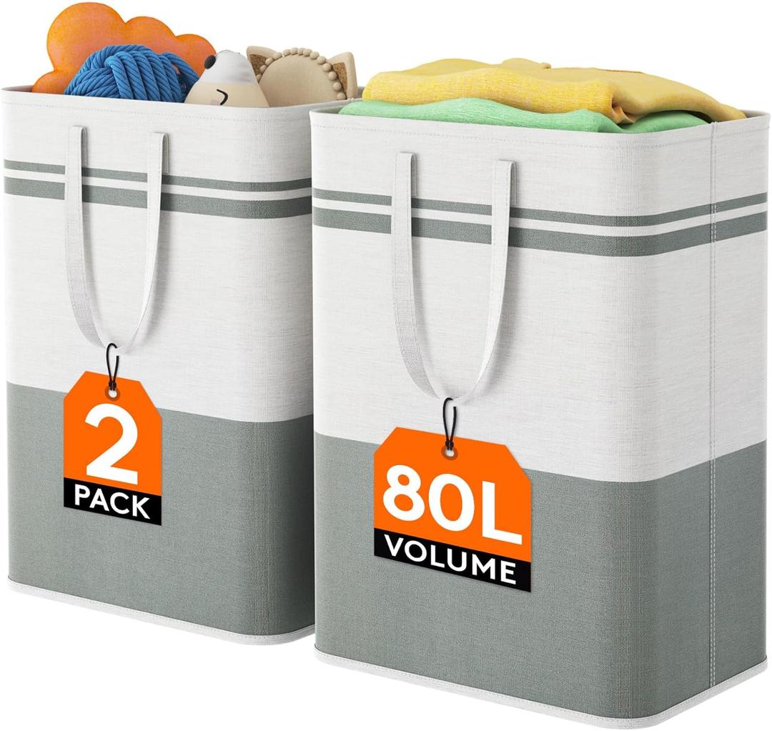 Lifewit 2 Pack 80L Large Freestanding Laundry Hamper, Collapsible Laundry Basket with Easy Carry Handles, Waterproof Tall Clothes Hamper for Laundry Dorm Bedroom Bathroom, Grey-White
