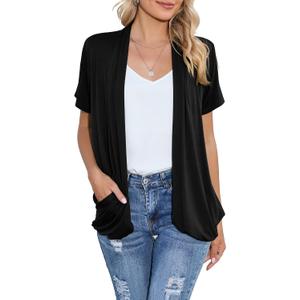 HIYIYEZI Open Front Cardigan Sweaters for Women with Pockets Lightweight Short Sleeve Ruffle Front Kimono Cardigan Duster, Large
