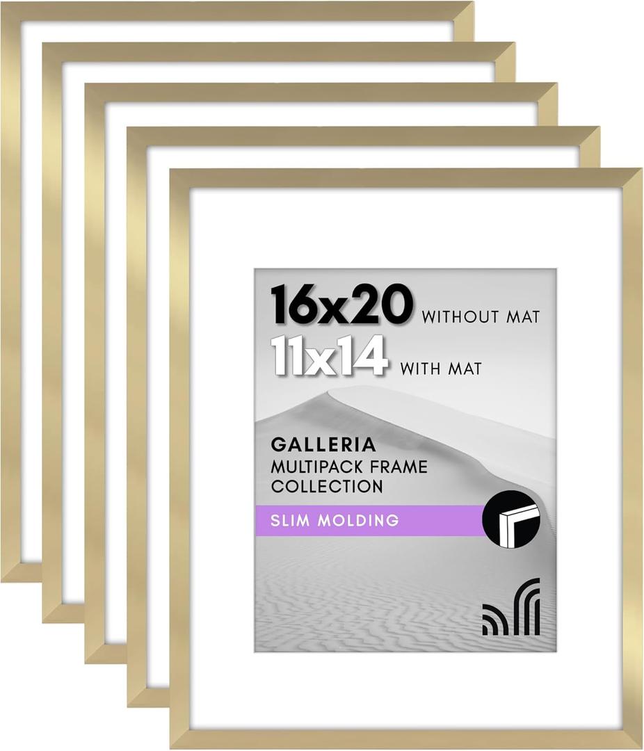 Americanflat 16x20 Picture Frame with Polished Plexiglass - Set of 5 - Use as 11x14 Frame with Mat or Display 16x20 Photo Without Mat - Galleria Collection - Picture Frames for Wall Display - Gold