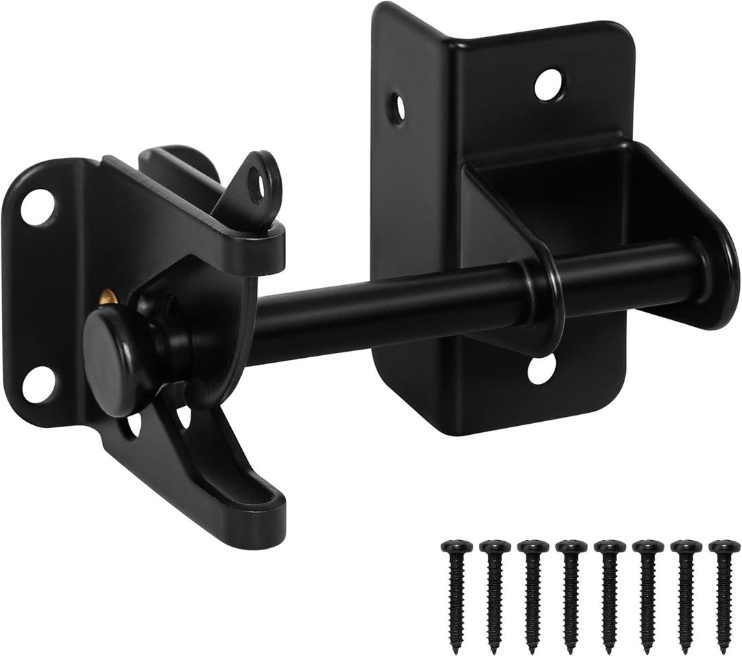 Self Locking Gate Latch for Wooden Fence, Heavy Duty Automatic Gravity Fence Latch for Wood Metal Gate, Gate Hardware Door Lock for Outdoor Pool Garden Shed, Black, 1Pack