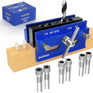 BLEKOO Self Centering Doweling Jig Kit, Drill Jig For Straight Holes Biscuit Joiner Set With 6 Drill Guide Bushings, Adjustable Width Drilling Guide Power Tool Accessory Jigs (Blue)