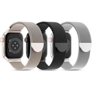 3 Pack Metal Mesh Loop Compatible with Apple Watch Band 38mm 40mm 41mm 42mm 44mm 45mm 46mm 49mm Women Men, Stainless Steel Magnetic Clasp Strap for iWatch Series 11 10 9 8 SE 7 6 5 4 3 2 1 Ultra (Black/Silver/Starlight)