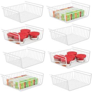 8 PACK Hanging Under Shelf Storage Basket Kitchen Cabinet Organizer Storage, Slides Under Wire Shelves for Counter Pantry Desk Bookshelf, White