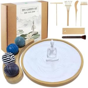 Zen Garden Kit for Desk - Premium Beautiful Japanese Mini Zen Sand Garden Box Gift Set for Home Decor, Office Desk with Large Round Bamboo Tray, White Sand, 4 Sand Spheres & Spheres Holder