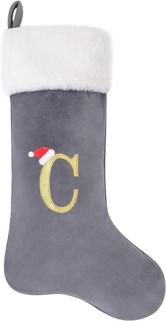 20-Inch Letter Embroidered Christmas Stocking Thick Grey Velvet with Super Soft Plush Cuff Personalized Festival Decoration for Xmas and New Year Party(Letter C)
