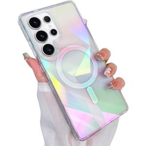 Cute Case for Samsung Galaxy S25 Ultra Case for Women Girls [ Compatible with Magsafe ] Clear Glitter Girly Aesthetic Rainbow Sparkly Bling Magnetic Phone Cover, Iridescent Geometry