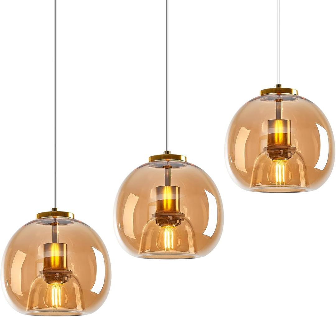 Amber Glass Pendant Lights Kitchen Island Gold Hanging Light Fixture Glass Globe Pendant Light Modern Pendant Lighting for Kitchen Island Bedroom Dining Room (7.87", 3 Pack)
