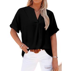 Womens Summer Tops and Blouses Dressy Casual V Neck Short Sleeve Business Casual Work Shirts, Small, 1-Black