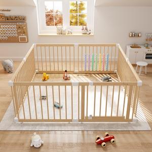 IKALIFE Large Wooden Baby Playpen - Size Adjustable Fence for Babies and Toddlers, Baby Play Yard with Locking Gate, Indoor Play Pen for Kids Activity Center 8 Panels 63.563.5