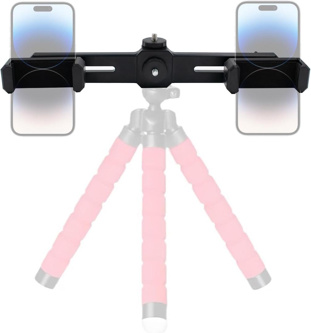 Dual Phone Holder Smartphone Tripod Mount Adapter, Universal 360 Rotation Adjustable Clip Stand for Vlog Live Streaming Video Recording, Compatible with 1/4'' Screws, Black