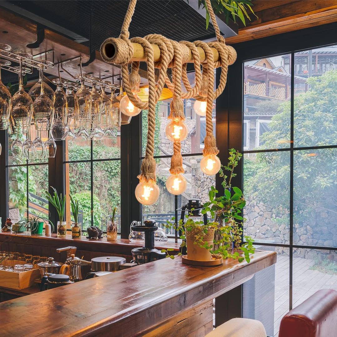 Arturesthome 6 Heads Hemp Rope Pendant Light, Vintage Bamboo Chandeliers Fixture Kitchen Island, Rustic Industrial Hanging Lamp for Bedroom Restaurant Cafe Bar Country Style Decoration