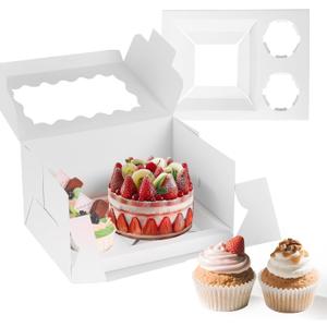 10 Packs Bento Cake and Cupcake Box 3 Holes Fit 2 Cupcakes and 1 Mini Cake Box with Clear Window and Stickers for Cake Cupcake Cookie or Easter and MotherDay. (1+2/10pcs)