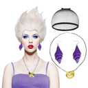 Sea Witch Wig with Shell Necklace & Earrings for Women, Short Silver White Grey Layered Wig + Cap, Halloween Wicked Undersea Witch Cosplay Costume