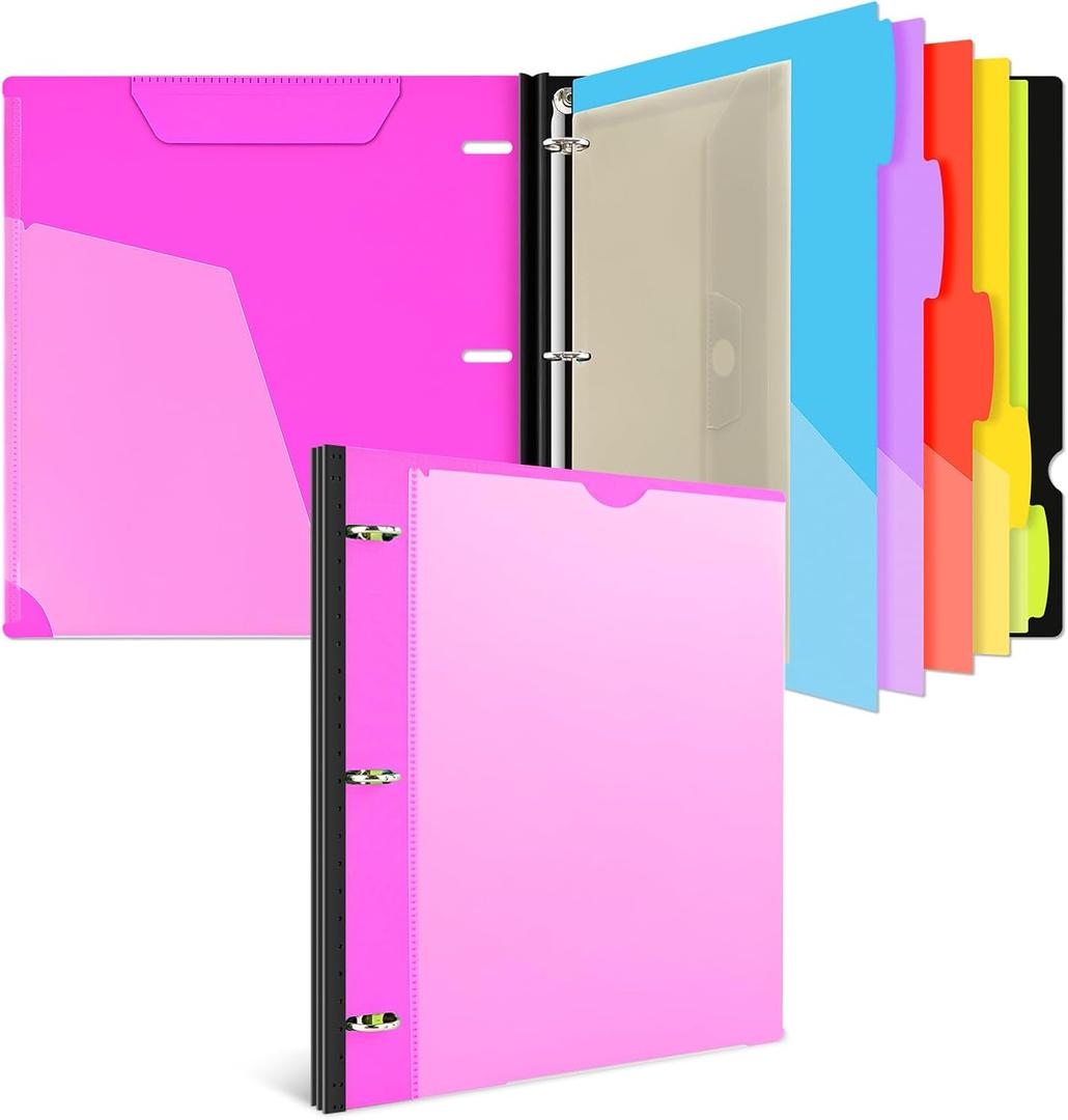 INFUN 1 Inch 3-Ring Telescoping Project Organizer Binder, 13 Pocket, Customizable Front Cover, 5 Colors Pocket Divider and Plastic Binder Pocket, 225 Sheet Capacity - Pink