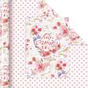 WERNNSAI Pink Flower Wrapping Paper Roll - 1 Roll 17x 33 ft Mothers Day Gift Wrapping Paper Pink Floral Gift Wrap Happy Festival with Polka Dot for Women Mom Warm Blessing Supply