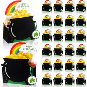 Dunzoom 24 Pcs St. Patrick's Day Treat Boxes Saint Patty's Popcorn Candy Boxes with Ribbon and Shamrock Tag Irish Elf Golden Coin Pot Treat Containers St. Patrick's Day Party Activity Gift Favor Decor